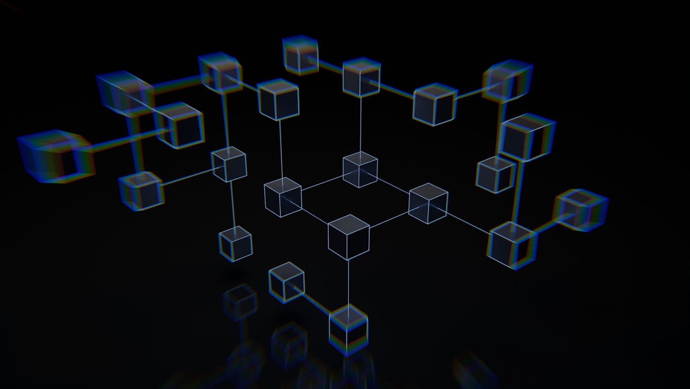 Une visualisation 3D sombre d'un réseau blockchain