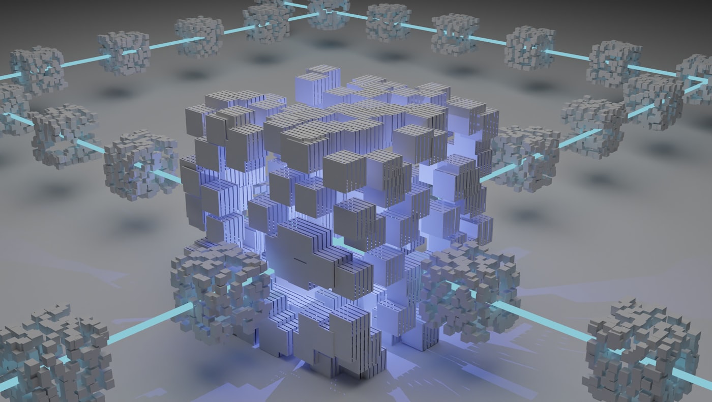 Blocs 3D d'une blockchain reliés par un réseau