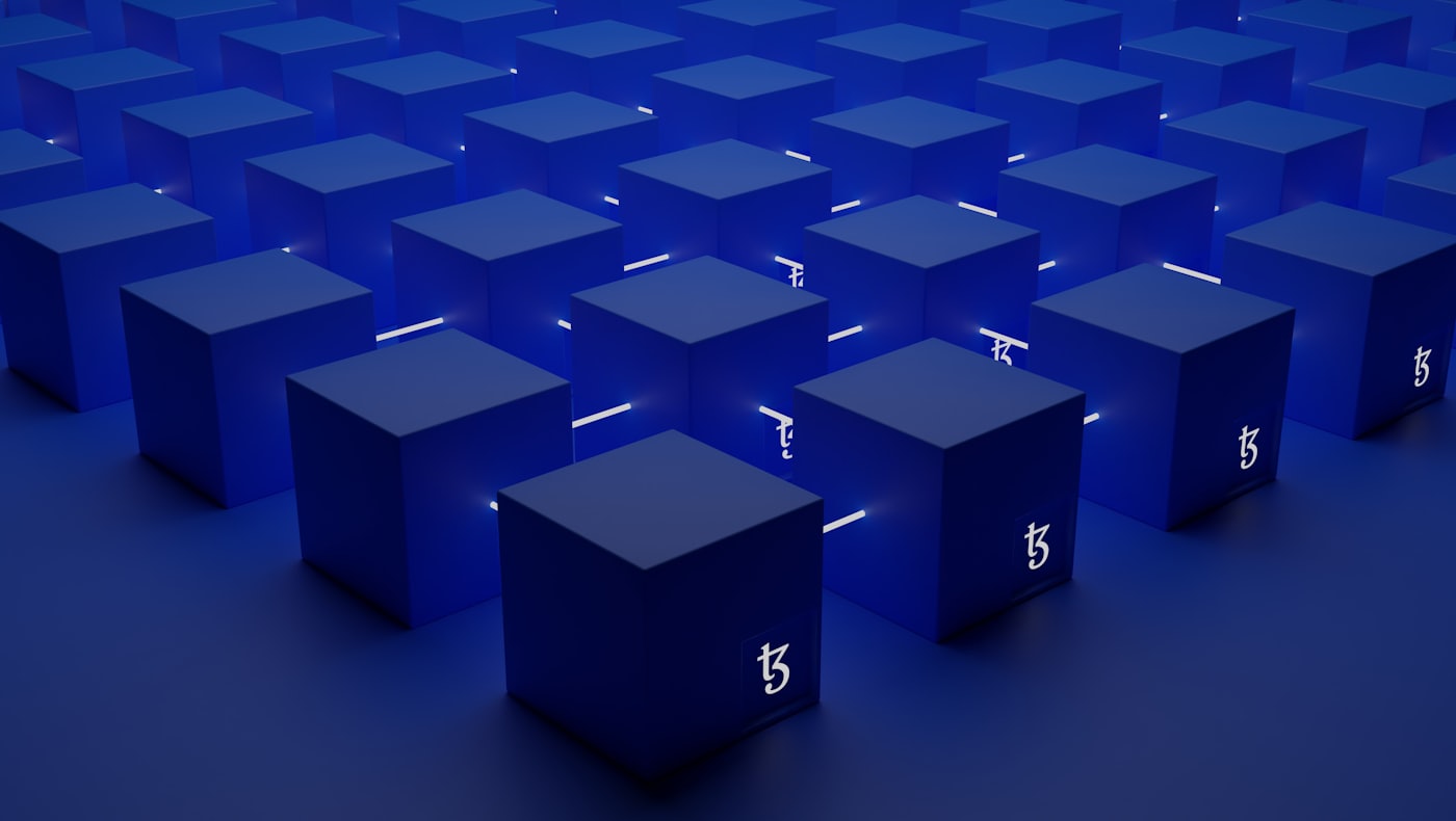 Une grille de blocs 3D bleus lumineux représentant un réseau